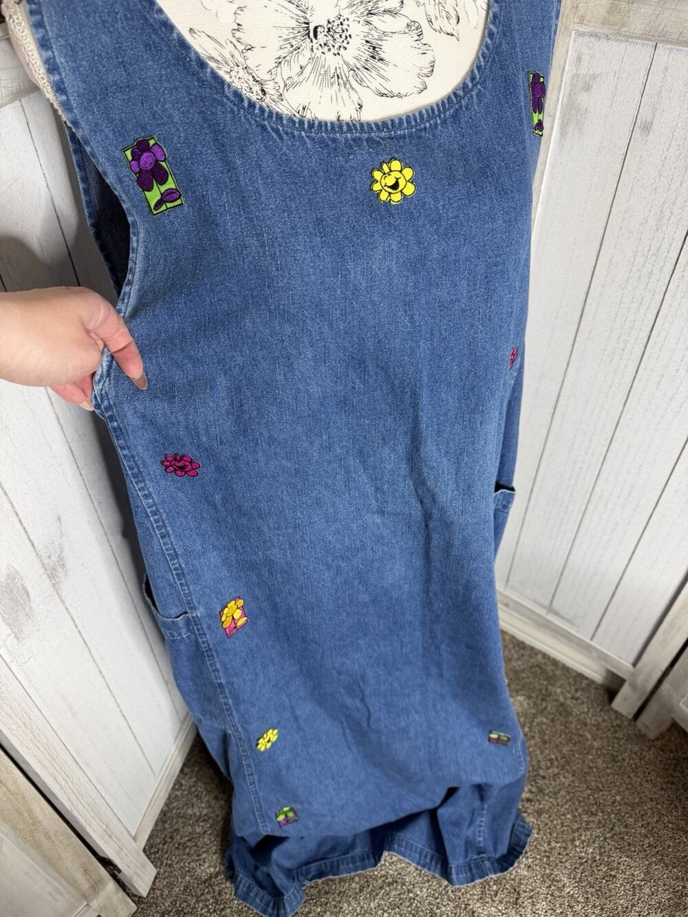 VTG 90s Denim Dress Jean Colorful Smile Appliqué Blue Grunge Teacher Sz XL